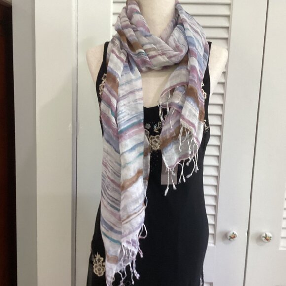 NWT J. Jill Pure Jill Cotton & Linen Striped Scarf With Fringe Details - Picture 3 of 11